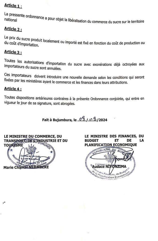 PERMISSION TO ALL SUGAR PRODUCERS IN BURUNDI 